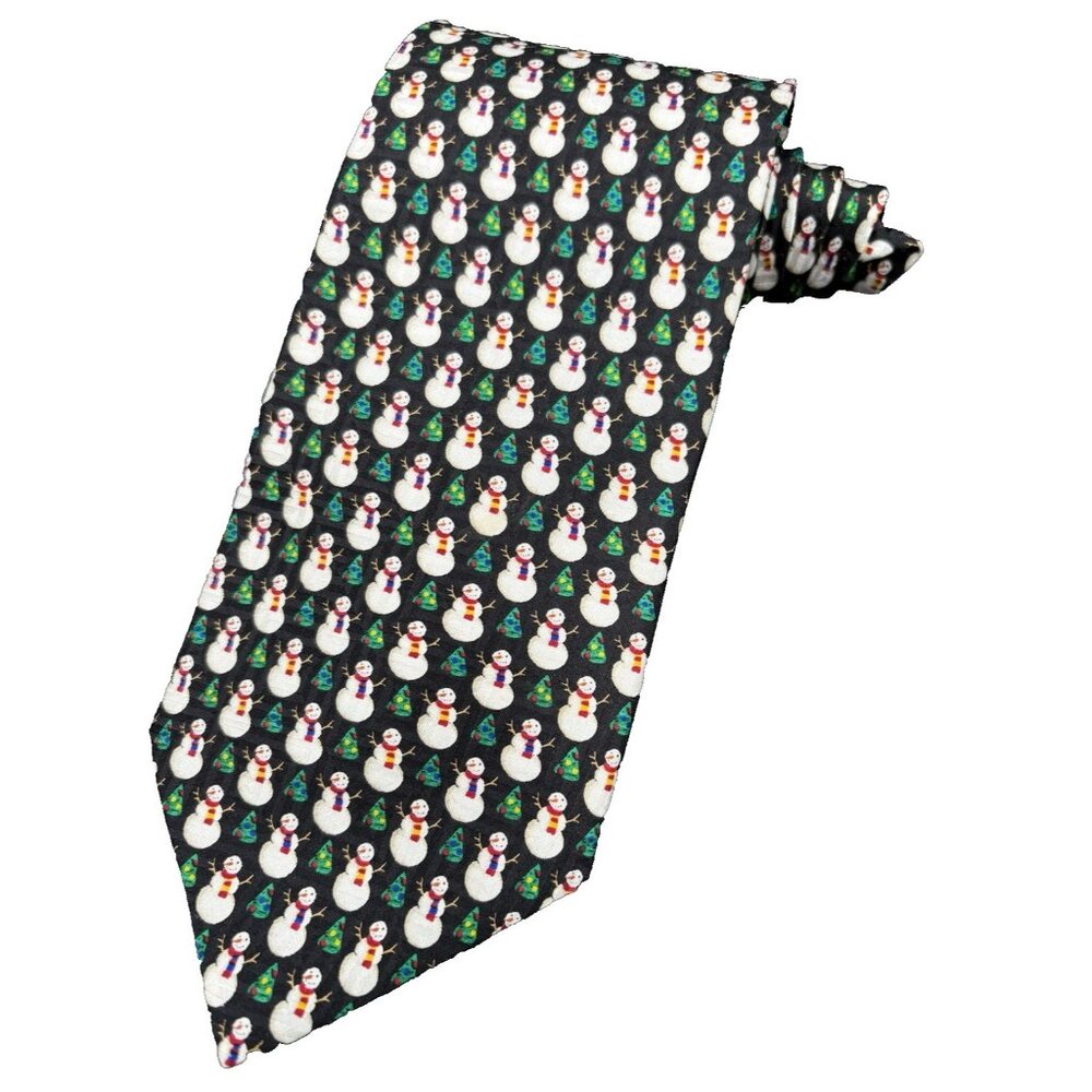 Christmas Tie Snowman Holidays Christmas Tree Men's 100% SILK Black White USA